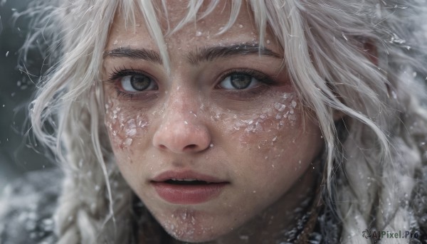 1girl,solo,long hair,looking at viewer,open mouth,brown eyes,braid,white hair,parted lips,teeth,blurry,lips,grey eyes,eyelashes,portrait,snow,close-up,freckles,snowing,realistic,nose,bangs,water,messy hair,water drop