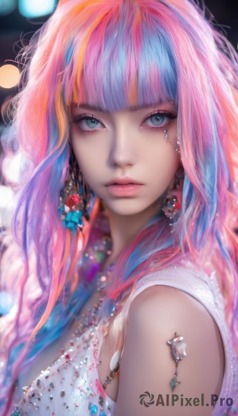 1girl,solo,long hair,breasts,looking at viewer,bangs,blue eyes,hair ornament,dress,cleavage,bare shoulders,jewelry,medium breasts,closed mouth,blue hair,upper body,pink hair,multicolored hair,earrings,sleeveless,artist name,blunt bangs,necklace,blurry,from side,two-tone hair,lips,streaked hair,grey eyes,eyelashes,makeup,depth of field,blurry background,expressionless,gem,eyeshadow,realistic,nose,eyeliner,bokeh,mascara,blonde hair,watermark,web address,pink lips