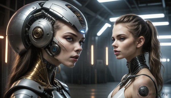 HQ,long hair,breasts,looking at viewer,blue eyes,multiple girls,blonde hair,brown hair,2girls,brown eyes,ponytail,parted lips,indoors,lips,headgear,helmet,freckles,science fiction,realistic,dirty,dirty face,upper body,from side,portrait,headset,android,cyborg,cyberpunk