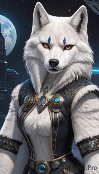 1girl,solo,breasts,looking at viewer,animal ears,brown eyes,jewelry,medium breasts,closed mouth,yellow eyes,upper body,sky,belt,artist name,signature,orange eyes,night,animal,moon,brooch,gem,star (sky),night sky,furry,full moon,armlet,starry sky,colored sclera,fur collar,furry female,space,body fur,white fur,planet,fur,animal nose,wolf,snout,earth (planet),fluffy,animal ear fluff,facial mark,black sclera,oversized animal