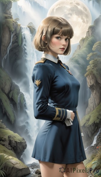 1girl,solo,breasts,looking at viewer,blush,short hair,bangs,blue eyes,skirt,blonde hair,brown hair,gloves,long sleeves,dress,brown eyes,medium breasts,standing,jacket,cowboy shot,outdoors,parted lips,day,white gloves,signature,water,uniform,from side,tree,lips,blue skirt,military,military uniform,blue dress,short dress,moon,bob cut,bug,blue jacket,nature,rock,realistic,nose,waterfall,jewelry,necklace,full moon,collared dress