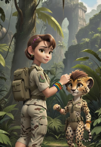 1girl,looking at viewer,smile,short hair,brown hair,1boy,brown eyes,jewelry,closed mouth,standing,tail,ass,short sleeves,hairband,earrings,outdoors,sky,shorts,day,looking back,bag,uniform,bracelet,tree,military,military uniform,sunlight,single hair bun,backpack,child,nature,furry,freckles,ruins,camouflage,belt,pants,signature,looking at another,lips,plant,forest,watch