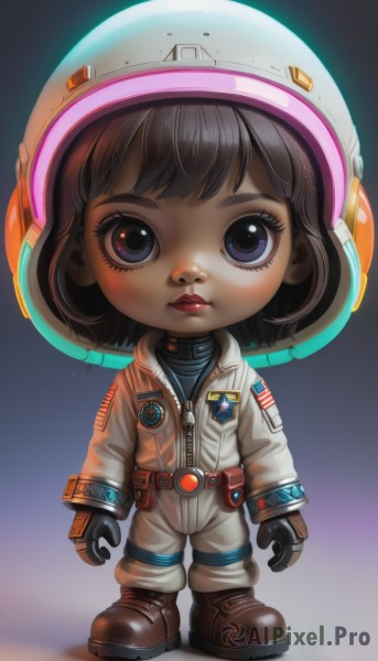 1girl,solo,looking at viewer,short hair,bangs,blue eyes,brown hair,gloves,closed mouth,standing,full body,boots,black gloves,chibi,lips,makeup,brown footwear,helmet,child,zipper,red lips,female child,american flag,spacesuit,japanese flag,space helmet,astronaut,black hair,jacket,eyelashes,realistic,nose,jumpsuit