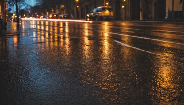 outdoors,sky,water,blurry,tree,no humans,night,ground vehicle,building,night sky,scenery,motor vehicle,reflection,rain,city,sign,car,light,road,bridge,lamppost,street,puddle,city lights,lights,real world location,depth of field,dark,pavement,vanishing point