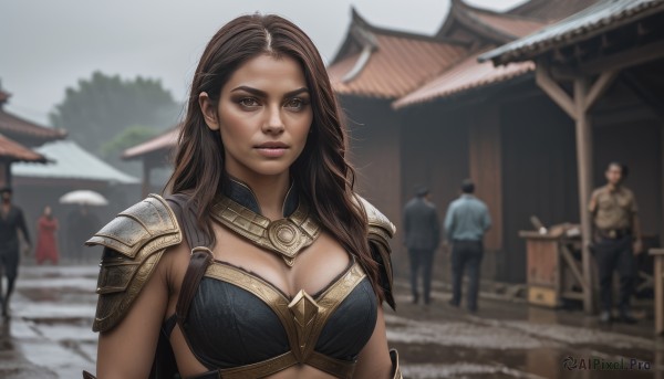 1girl,long hair,breasts,looking at viewer,large breasts,brown hair,cleavage,brown eyes,medium breasts,closed mouth,upper body,outdoors,multiple boys,solo focus,armor,blurry,lips,depth of field,blurry background,shoulder armor,pauldrons,realistic,bikini armor,day,cape,makeup,6+boys,architecture,east asian architecture,soldier