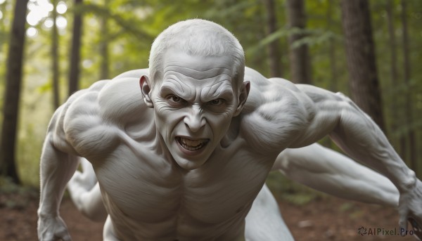 solo,looking at viewer,smile,open mouth,1boy,white hair,male focus,nude,outdoors,teeth,tongue,blurry,tree,muscular,colored skin,parody,nature,forest,veins,realistic,bald,old,old man,horror (theme),what,brown eyes,upper body,blurry background,clenched teeth