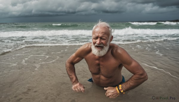 solo,smile,open mouth,1boy,jewelry,closed eyes,upper body,white hair,male focus,outdoors,sky,day,cloud,water,bracelet,muscular,facial hair,ocean,beach,parody,cloudy sky,pectorals,facing viewer,beard,topless male,mature male,realistic,mustache,sand,old,chest hair,old man,waves,shore,arm hair,wrinkled skin,nipples,scar