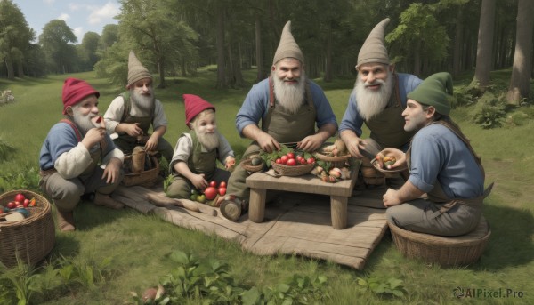 smile,open mouth,shirt,long sleeves,hat,holding,sitting,white hair,male focus,outdoors,food,multiple boys,sky,barefoot,day,pointy ears,pants,cloud,apron,tree,fruit,facial hair,table,grass,blue shirt,nature,beard,sleeves rolled up,forest,6+boys,mustache,apple,basket,mushroom,old,old man,animal,bowl,realistic,5boys,indian style,cooking