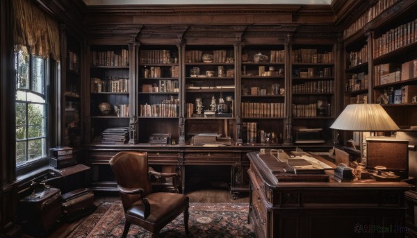 day,indoors,cup,book,no humans,window,chair,table,sunlight,bottle,box,scenery,desk,wooden floor,clock,bookshelf,lamp,shelf,book stack,carpet,cabinet,globe,tree,plant,curtains,candle,candlestand,chandelier,phonograph,inkwell