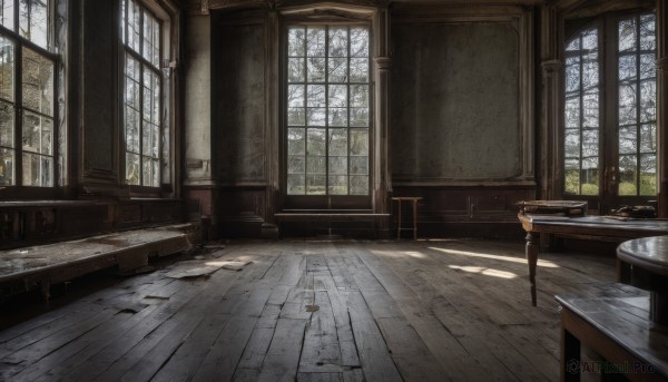 solo,1boy,day,pants,indoors,tree,book,no humans,window,chair,table,sunlight,scenery,wooden floor,door,floor,carpet,wooden chair,snow,bare tree,candlestand,wooden table