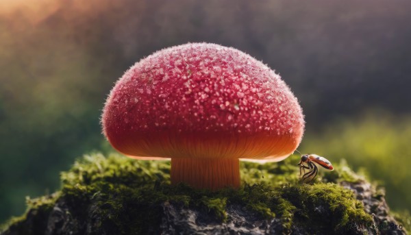 outdoors,food,day,blurry,tree,pokemon (creature),no humans,depth of field,blurry background,grass,nature,scenery,rock,realistic,mushroom,solo,animal,bug,oversized animal