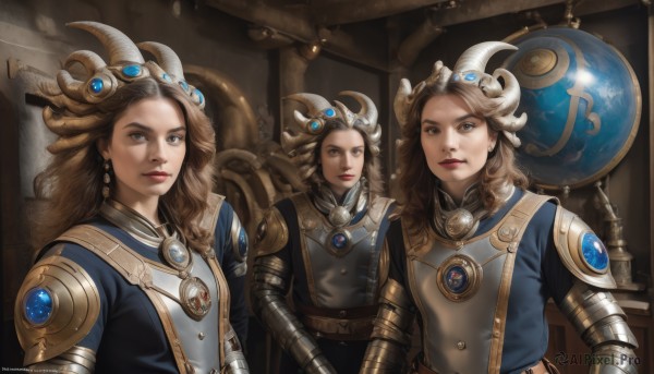 long hair,looking at viewer,multiple girls,brown hair,brown eyes,jewelry,closed mouth,upper body,earrings,horns,belt,indoors,3girls,armor,mole,lips,makeup,helmet,gauntlets,gem,curly hair,mirror,realistic,nose,red lips,fake horns,gorget,horned helmet,hair ornament,artist name,lipstick,headdress