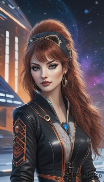 1girl,solo,long hair,breasts,looking at viewer,bangs,brown hair,brown eyes,jewelry,medium breasts,jacket,upper body,hairband,earrings,outdoors,sky,lips,black jacket,fur trim,makeup,night,lipstick,goggles,star (sky),night sky,starry sky,freckles,goggles on head,realistic,nose,red lips,necklace,gem,science fiction,leather,leather jacket