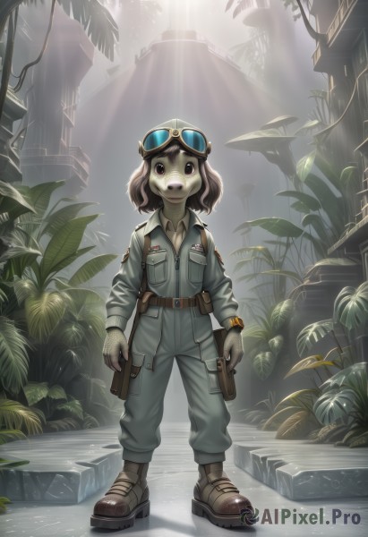 1girl,solo,looking at viewer,short hair,open mouth,brown hair,shirt,long sleeves,brown eyes,standing,full body,weapon,boots,outdoors,teeth,belt,pants,signature,water,uniform,black eyes,tree,gun,military,colored skin,brown footwear,sunlight,plant,goggles,furry,1other,pocket,goggles on head,watch,pouch,light rays,arms at sides,brown belt,breast pocket,holster,sunbeam,grey skin,belt pouch,jumpsuit,gloves,1boy,jacket,male focus,zipper,wristwatch,furry male