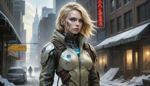 HQ,1girl,solo,breasts,looking at viewer,short hair,blue eyes,blonde hair,jewelry,medium breasts,jacket,upper body,earrings,outdoors,parted lips,sky,solo focus,day,artist name,medium hair,armor,lips,bodysuit,makeup,facial mark,piercing,ground vehicle,wind,building,motor vehicle,snow,zipper,freckles,science fiction,rain,snowing,city,sign,realistic,nose,car,stud earrings,road,shoulder pads,winter,cyborg,street,road sign,cyberpunk,truck,overcast,signature,coat,eyeshadow,emblem,silhouette,unzipped,eyeliner,cable,earphones,dirty,dirty face,earpiece