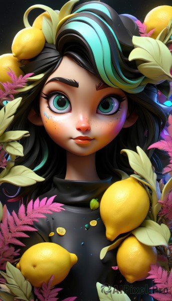 1girl,solo,long hair,looking at viewer,shirt,black hair,closed mouth,green eyes,blue hair,upper body,flower,multicolored hair,parted lips,food,artist name,two-tone hair,aqua eyes,lips,streaked hair,black shirt,eyelashes,makeup,fruit,leaf,watermark,thick eyebrows,plant,black background,freckles,yellow flower,red lips,lemon,lemon slice,hair ornament,hair flower,nose,food on head