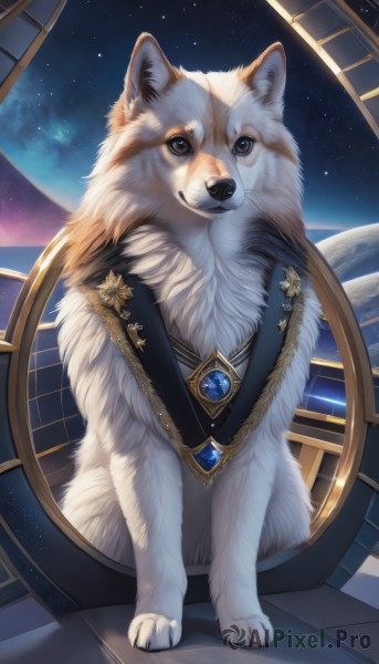 looking at viewer,brown eyes,jewelry,sitting,full body,sky,signature,no humans,animal,brooch,gem,star (sky),starry sky,dog,space,animal focus,planet,blue gemstone,solo,watermark,realistic,white fur