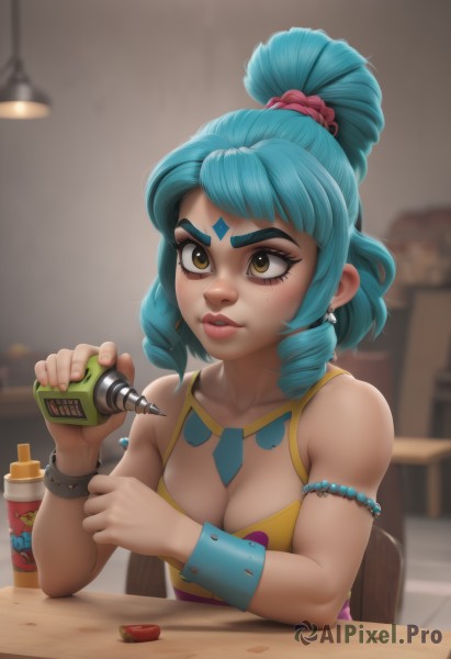 1girl,solo,breasts,bangs,hair ornament,holding,cleavage,bare shoulders,brown eyes,jewelry,medium breasts,sitting,blue hair,collarbone,yellow eyes,upper body,ponytail,earrings,indoors,blurry,bracelet,lips,eyelashes,aqua hair,tattoo,makeup,blurry background,chair,facial mark,drill hair,table,scrunchie,thick eyebrows,tank top,bottle,armlet,hair scrunchie,freckles,forehead mark,nose,mascara,pink scrunchie,pov across table,parted lips,artist name,hair bun,wrist cuffs,single hair bun,wristband,armband