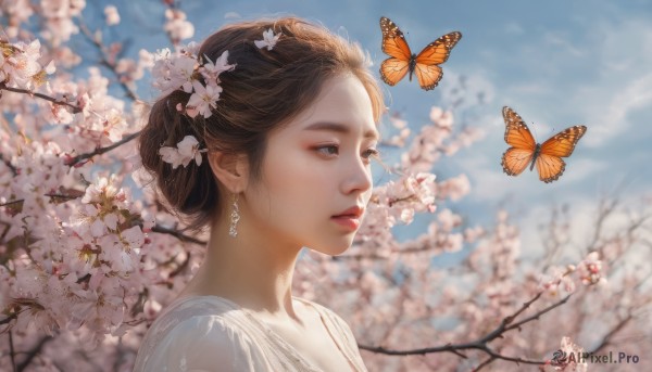 1girl, solo, short hair, brown hair, jewelry, upper body, flower, earrings, outdoors, sky, day, blurry, blue sky, lips, depth of field, blurry background, bug, cherry blossoms, butterfly, realistic, nose, branch