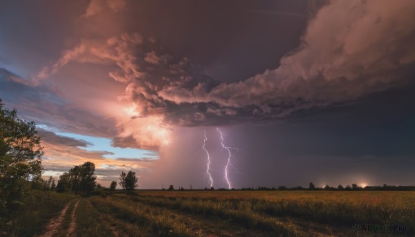 outdoors,sky,cloud,tree,no humans,cloudy sky,grass,nature,scenery,sunset,mountain,fence,electricity,field,lightning,landscape,hill,signature,forest