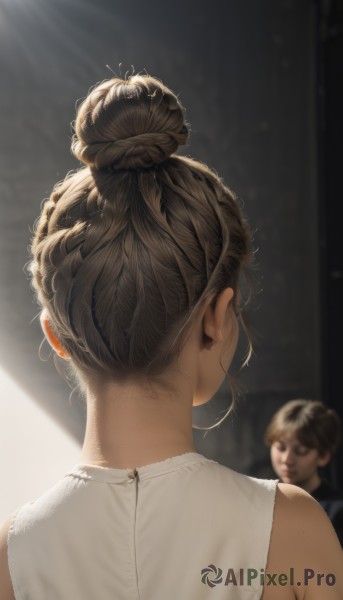 1girl,solo,long hair,brown hair,shirt,black hair,1boy,bare shoulders,white shirt,upper body,braid,sleeveless,solo focus,indoors,hair bun,from behind,mole,blurry,sleeveless shirt,depth of field,blurry background,back,sunlight,single hair bun,messy hair,zipper,realistic,facing away,nape,back focus,freckles,curly hair