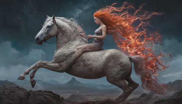 1girl,solo,long hair,breasts,bare shoulders,medium breasts,very long hair,red hair,outdoors,sky,shorts,barefoot,cloud,orange hair,from side,profile,night,floating hair,animal,fire,star (sky),night sky,starry sky,mountain,fantasy,riding,horse,horseback riding,fiery hair,unicorn,pants,denim,realistic,reins,saddle