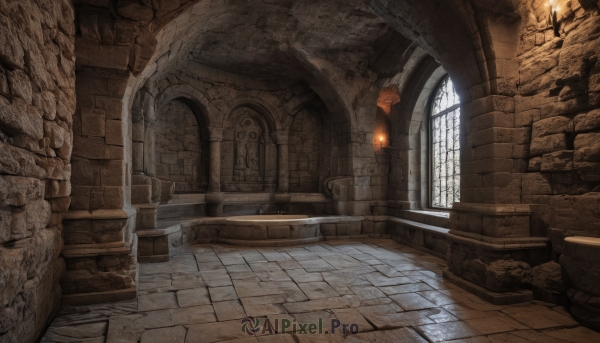 day,indoors,dutch angle,no humans,window,sunlight,scenery,stairs,candle,wall,architecture,ruins,pillar,church,arch,column,stone floor,stone wall,fire,lantern,fantasy,door,light,brick wall,statue,torch,stone,brick floor