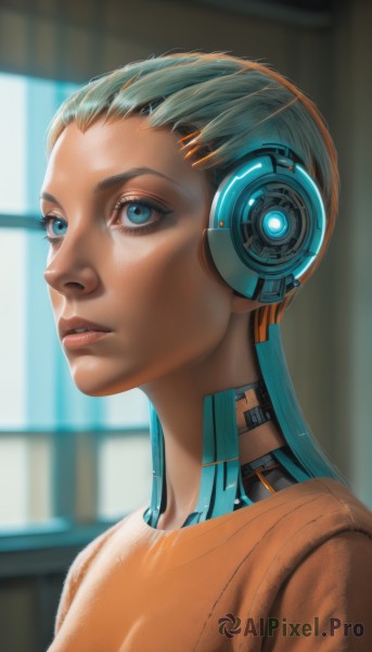 1girl,solo,long hair,blue eyes,blue hair,upper body,multicolored hair,parted lips,dark skin,blurry,dark-skinned female,lips,eyelashes,aqua hair,makeup,headphones,portrait,forehead,science fiction,realistic,nose,android,cable,cyborg,cyberpunk,shirt,indoors,aqua eyes,window,blurry background,t-shirt,joints,orange shirt,hair slicked back,robot joints,robot ears