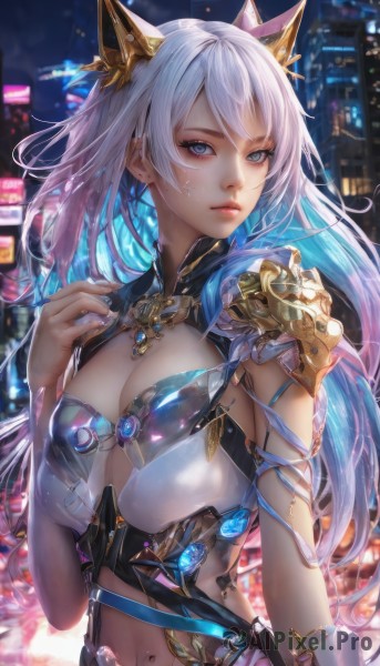 1girl,solo,long hair,breasts,looking at viewer,bangs,blue eyes,large breasts,hair ornament,navel,animal ears,cleavage,jewelry,medium breasts,closed mouth,blue hair,upper body,white hair,multicolored hair,earrings,hand up,armor,blurry,two-tone hair,lips,clothing cutout,gradient hair,night,blurry background,piercing,shoulder armor,colored inner hair,outdoors,midriff,artist name,stomach,mole,eyelashes,expressionless,hand on own chest,building,gem,arm at side,science fiction,realistic,nose,cityscape