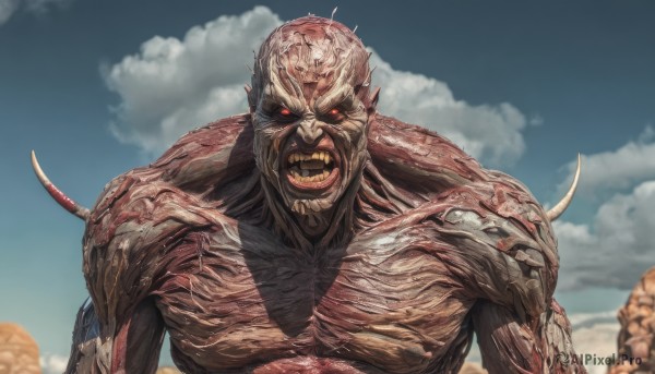 solo,looking at viewer,open mouth,red eyes,1boy,upper body,male focus,outdoors,horns,sky,teeth,day,cloud,blurry,blue sky,no humans,muscular,colored skin,fangs,sharp teeth,muscular male,glowing eyes,colored sclera,veins,monster,bald,red skin,alien,tail,blood,glowing,cloudy sky,angry,spikes,realistic,demon