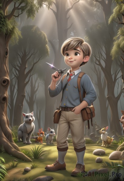 solo,smile,short hair,brown hair,shirt,1boy,holding,brown eyes,closed mouth,standing,full body,weapon,male focus,outdoors,necktie,shoes,shorts,day,socks,collared shirt,belt,pants,bag,tree,buttons,bird,animal,watermark,brown footwear,sunlight,cat,grass,bug,red necktie,child,nature,forest,rabbit,light rays,rock,male child,sunbeam,fox,squirrel,deer,artist name,leaf,pouch,mushroom,scissors,satchel,acorn