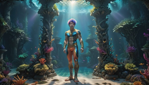 solo,looking at viewer,smile,short hair,1boy,navel,jewelry,blue hair,standing,full body,purple hair,male focus,multicolored hair,barefoot,dark skin,water,bodysuit,muscular,abs,sandals,sunlight,dark-skinned male,pectorals,plant,muscular male,spiked hair,scenery,fish,walking,bubble,toned,topless male,light rays,underwater,arms at sides,air bubble,sunbeam,coral,seaweed,black hair,outdoors,bracelet,tree,tattoo,ocean,leaf,rock,sand,submerged,greek clothes