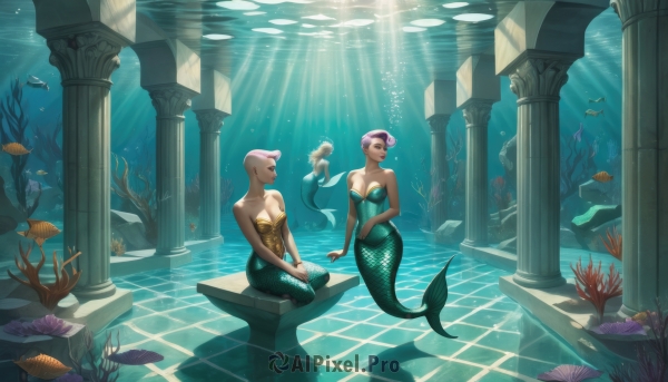 breasts,smile,short hair,multiple girls,large breasts,2girls,cleavage,bare shoulders,jewelry,medium breasts,sitting,swimsuit,pink hair,purple hair,earrings,water,strapless,sunlight,monster girl,fish,bubble,light rays,underwater,tiles,air bubble,mermaid,sunbeam,tile floor,ruins,shell,pillar,starfish,caustics,coral,column,shell bikini,seaweed,1girl,navel,bald,statue,jellyfish