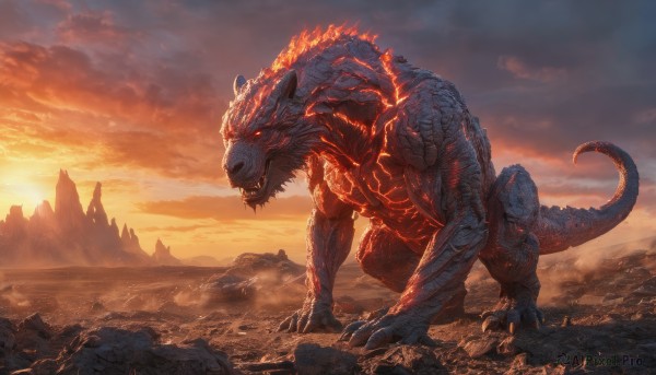 A monster amidst a vivid fiery outdoors
