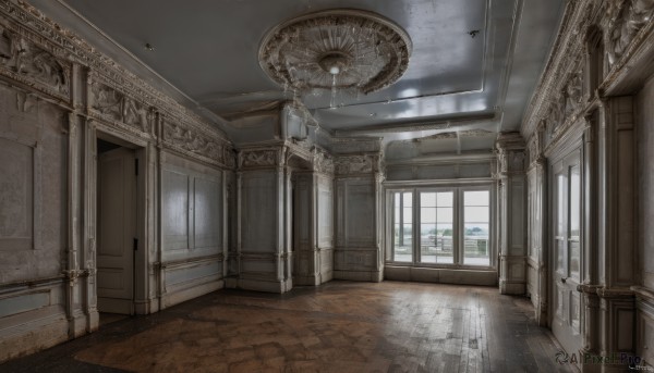 day,indoors,no humans,window,sunlight,scenery,stairs,door,light,architecture,pillar,ceiling,hallway,ceiling light,chandelier,column,sky,artist name,cloud,wooden floor,floor,reflective floor