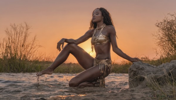 1girl,solo,long hair,breasts,black hair,navel,bare shoulders,jewelry,sitting,full body,bikini,earrings,small breasts,outdoors,sky,barefoot,dark skin,water,necklace,flat chest,dark-skinned female,tree,lips,grass,nature,knee up,sunset,rock,realistic,dirty,loincloth,river,very dark skin,dreadlocks,tribal,dirty feet,closed mouth,closed eyes,midriff,stomach,bare arms,bare legs,kneeling,arm support,scenery,on ground,egyptian,orange sky