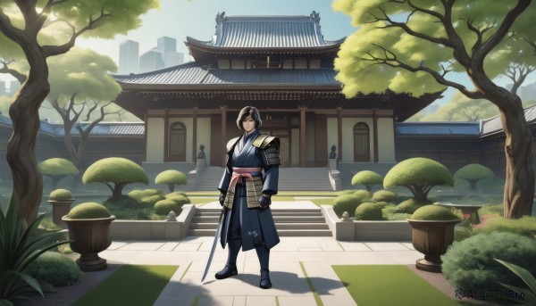 solo,looking at viewer,smile,black hair,gloves,1boy,holding,standing,weapon,male focus,outdoors,japanese clothes,sky,day,black gloves,sword,holding weapon,armor,tree,shadow,holding sword,katana,plant,shoulder armor,building,sheath,scenery,stairs,bush,japanese armor,architecture,east asian architecture,sode,shrine,stone lantern,mikazuki munechika,brown hair,multiple boys,grass,sheathed,mushroom,bridge,lily pad