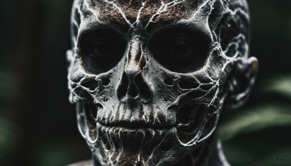 solo,looking at viewer,1boy,male focus,blurry,black eyes,no humans,depth of field,blurry background,plant,portrait,skull,animal focus,horror (theme),teeth,black background,close-up,realistic,skeleton