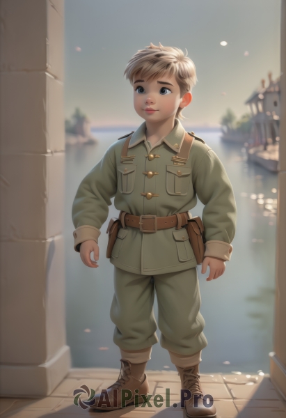 solo,smile,short hair,blue eyes,blonde hair,brown hair,long sleeves,1boy,closed mouth,standing,jacket,full body,male focus,boots,outdoors,day,belt,pants,water,blurry,uniform,lips,military,military uniform,blurry background,brown footwear,building,child,pocket,pouch,green jacket,realistic,brown belt,male child,green pants,soldier,shadow