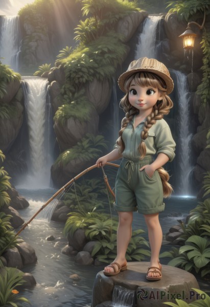 1girl,solo,long hair,looking at viewer,smile,bangs,brown hair,shirt,hat,holding,twintails,brown eyes,closed mouth,standing,full body,braid,outdoors,shorts,day,collared shirt,water,black eyes,twin braids,tree,toes,brown footwear,sandals,sunlight,plant,nature,scenery,hair over shoulder,sleeves rolled up,hand in pocket,light rays,lantern,rock,hands in pockets,green shirt,straw hat,light,lamp,sunbeam,green shorts,river,waterfall,fishing rod,fishing,stream,holding fishing rod,fishing line,lips,suspenders,freckles