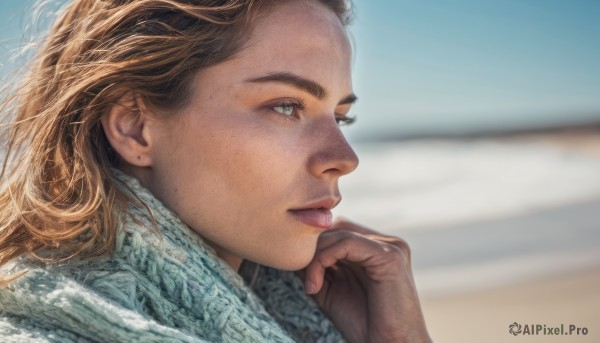 1girl, solo, long hair, blue eyes, brown hair, outdoors, day, mole, blurry, lips, profile, blurry background, portrait, freckles, realistic, nose