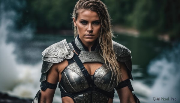 1girl,solo,long hair,breasts,looking at viewer,blue eyes,blonde hair,large breasts,brown hair,cleavage,jewelry,medium breasts,upper body,multicolored hair,earrings,dark skin,armor,blurry,lips,blurry background,scar,cleavage cutout,shoulder armor,pauldrons,breastplate,realistic,bikini armor,serious,chainmail