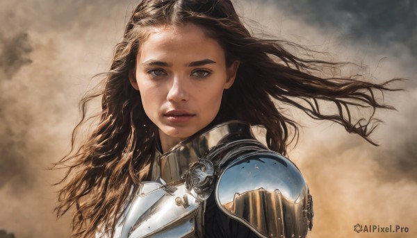 1girl,solo,long hair,looking at viewer,brown hair,brown eyes,upper body,parted lips,sky,cloud,armor,lips,grey eyes,floating hair,cloudy sky,wind,shoulder armor,portrait,freckles,pauldrons,breastplate,realistic,nose