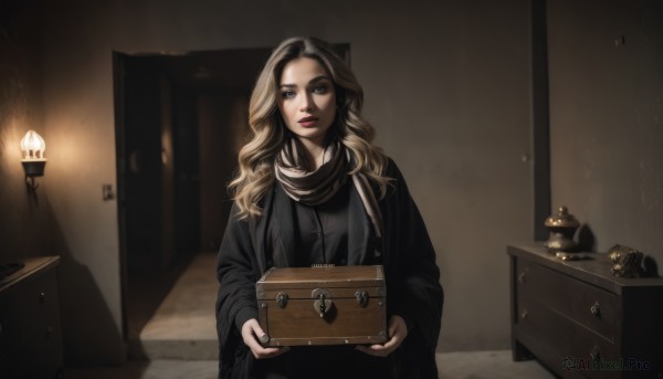 1girl,solo,long hair,looking at viewer,blue eyes,blonde hair,long sleeves,holding,closed mouth,indoors,wide sleeves,scarf,lips,makeup,wavy hair,lipstick,box,robe,door,red lips,candle,black robe,chest of drawers,brown hair,jewelry,upper body,nail polish,mole,shadow,phone,black nails,realistic,light,cardboard box,drawer,cabinet