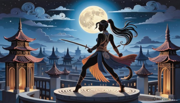 1girl,solo,long hair,breasts,black hair,holding,bare shoulders,jewelry,medium breasts,standing,ponytail,weapon,outdoors,sky,sword,cloud,dark skin,from behind,holding weapon,dark-skinned female,night,colored skin,holding sword,moon,katana,building,star (sky),night sky,full moon,starry sky,magic circle,architecture,east asian architecture,tower,black skin,rooftop,full body,high heels,tattoo,back,cloudy sky,dual wielding,fighting stance,facing away,back tattoo