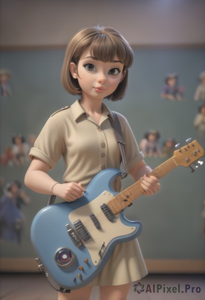 1girl,solo,looking at viewer,smile,short hair,bangs,skirt,brown hair,shirt,dress,holding,brown eyes,jewelry,closed mouth,standing,short sleeves,cowboy shot,solo focus,collared shirt,indoors,blurry,bracelet,lips,buttons,depth of field,blurry background,instrument,music,guitar,classroom,brown shirt,chalkboard,playing instrument,holding instrument,electric guitar,parted lips,artist name,black eyes,bob cut,nose,plectrum