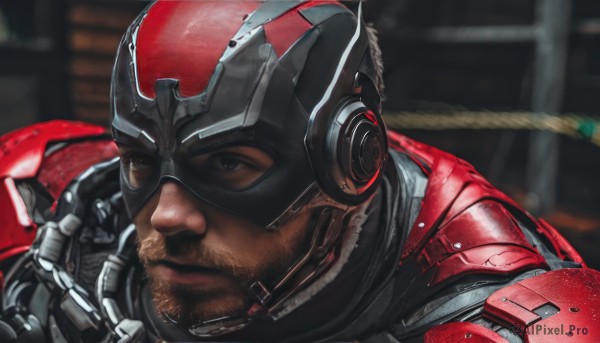 solo,looking at viewer,brown hair,1boy,brown eyes,upper body,male focus,dark skin,armor,blurry,blurry background,facial hair,dark-skinned male,helmet,goggles,portrait,beard,realistic,stubble,power armor,black eyes,mask,chain,headset,mustache