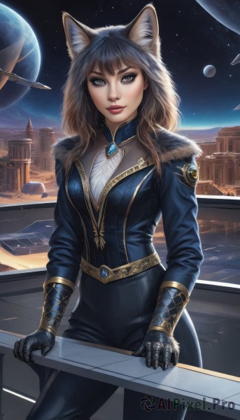 1girl,solo,long hair,breasts,looking at viewer,bangs,brown hair,black hair,gloves,animal ears,brown eyes,jewelry,standing,jacket,sky,pants,artist name,lips,fur trim,fox ears,makeup,night,moon,lipstick,brooch,gauntlets,star (sky),starry sky,science fiction,railing,red lips,cityscape,space,planet,earth (planet),spacecraft,closed mouth,animal ear fluff,bodysuit,wolf ears,city