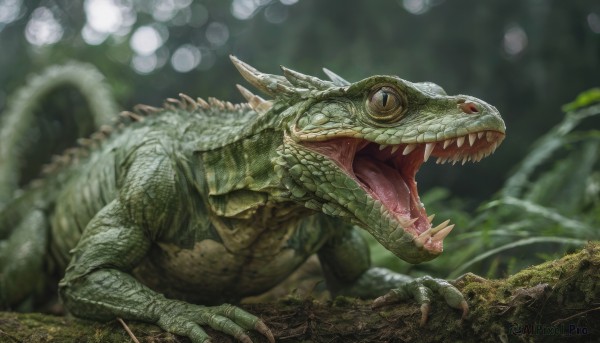 solo,open mouth,blue eyes,red eyes,tail,outdoors,teeth,tongue,signature,blurry,tree,no humans,depth of field,blurry background,fangs,sharp teeth,claws,monster,realistic,branch,scales,dinosaur,horns,tongue out,slit pupils,nature,dragon,moss,turtle