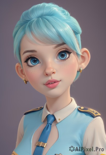 1girl,solo,breasts,looking at viewer,smile,short hair,bangs,blue eyes,simple background,shirt,jewelry,medium breasts,blue hair,white shirt,upper body,earrings,parted lips,necktie,teeth,collared shirt,artist name,uniform,vest,lips,head tilt,eyelashes,aqua hair,makeup,swept bangs,lipstick,portrait,freckles,blue necktie,blue vest,police,police uniform,policewoman,grey background,blue shirt